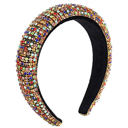 Baroque Rhinestone Crystal Headband Bejewelled Wide Velvet Padded Hairbands Hair Hoop Party Wedding Headwear Hair Accessories For Woman Girls (A rainbow rhinestone)