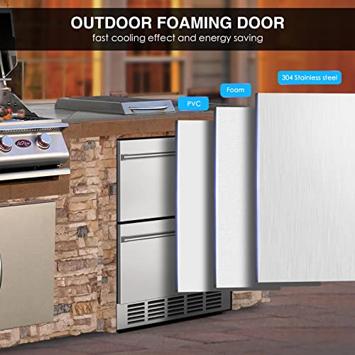 Image of Mojgar 24 inch Under Counter Beverage Refrigerator, Indoor /Outdoor Fridge with Double Drawer Storage, Quiet 38dB Compressor & Weather-Proof Stainless Steel - Beverage Fridge for Home, Patios, Restaurants