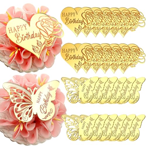 Happy Birthday Cake Decorations, 24 Pieces Gold Mirror Acrylic Toppers, Rose Heart and Butterfly Designs