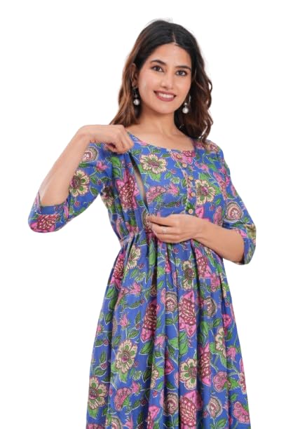Image of Women's Feeding Kurta Cotton | Floral Anarkali Pregnancy Kurta with Nursing Zipper | Pre & Post Partum | Maternity Dresses | Mom to Be Gift