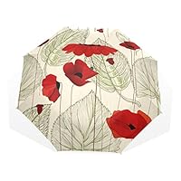Poeticcity Vintage Floral Red Poppy Flowers Leaves Seamless Pattern Rain Travel Umbrella, Hand Open Close Windproof Waterproof Folding Umbrella, Compact Canopy Strong Ray Parasol Umbrella