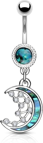 Pierced Owl Anillo de vientre colgante con incrustaciones de luna creciente y estrellas CZ (tono plateado), Circonita cúbica, circonia cúbica,