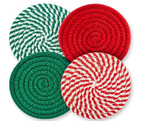4.8 Inch Drink Cotton Coasters Set of 4 Large Absorbent Handmade Woven Coaster for Water Condensation Fabric Coaster for Coffee Cups to Decor Table and Desk Christmas Housewarming Gift in Red&Green