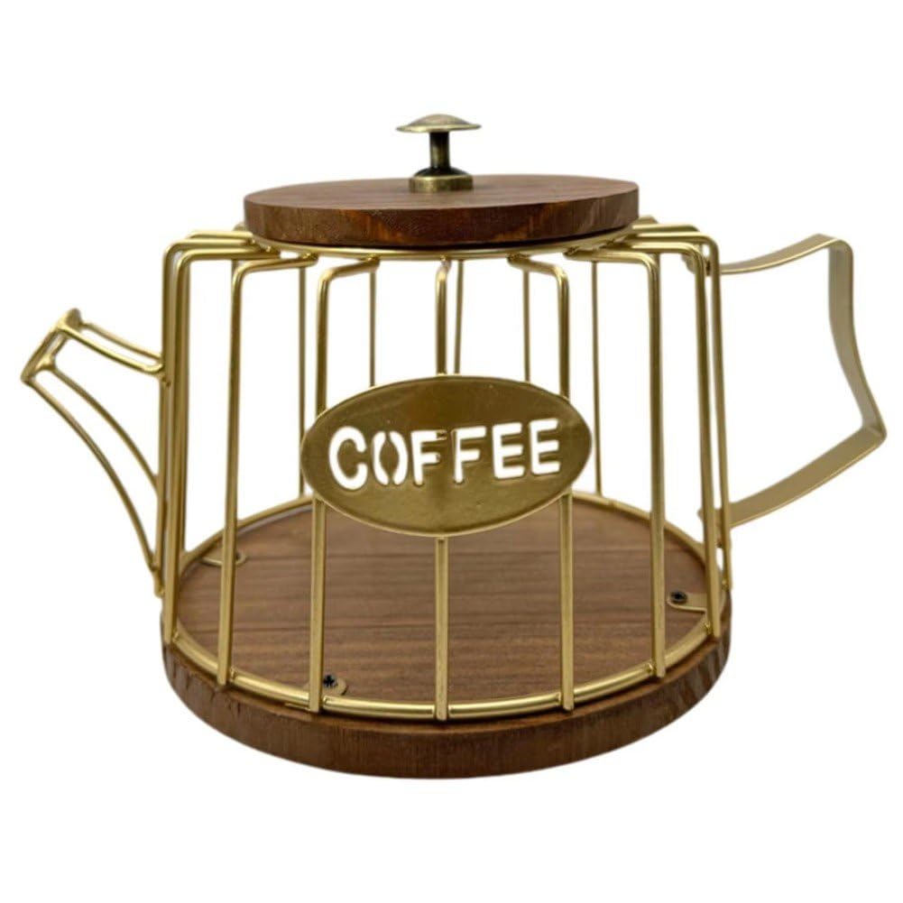 Casiler Gold Coffee Pods Holder With Wooden Lid And Base,Wire Coffee Pods Storage Basket For Home Cafe Bar Countertop Decor