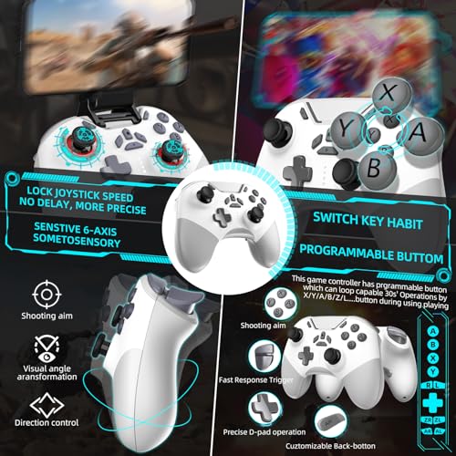 Image of Hall Effect Bluetooth Controller for Switch /PC /iPhone /Android /Apple Arcade MFi Games /Mac /TV /Steam, Pro Wireless Game Controller with Phone Clip with Lock Speed /6-Axis Gyro /Dual Motors /Turbo /Switch Key