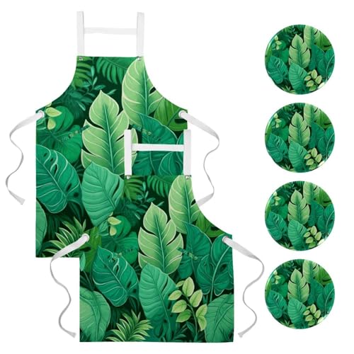 Tablier de cuisine de qualite en lin motif feuillage exotique durable avec attaches reglables