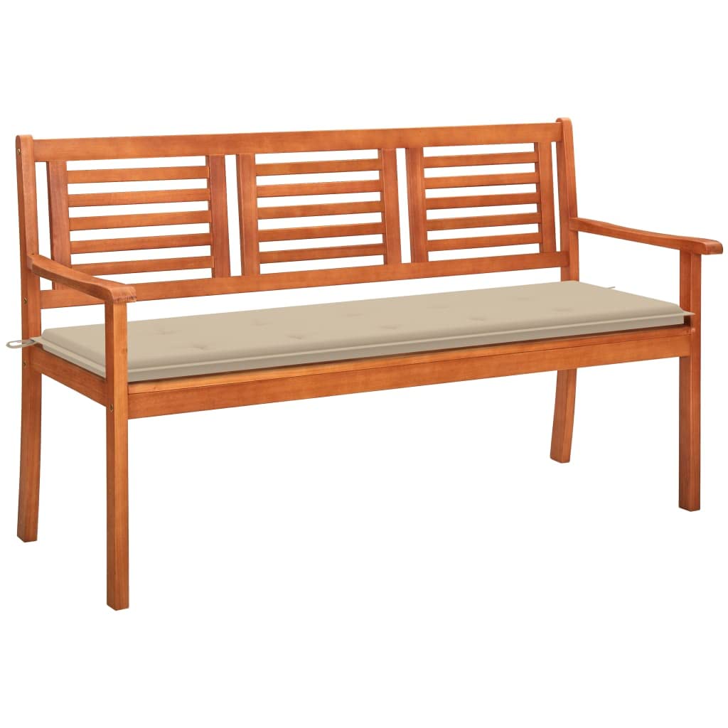 3-Seater Outdoor Patio Bench with Beige Cushion, 59.1"x23.6"x35" Solid Eucalyptus Wood Garden Bench with Armrest, Large Bench Front Porch Chair for Patio Porch Poolside Balcony