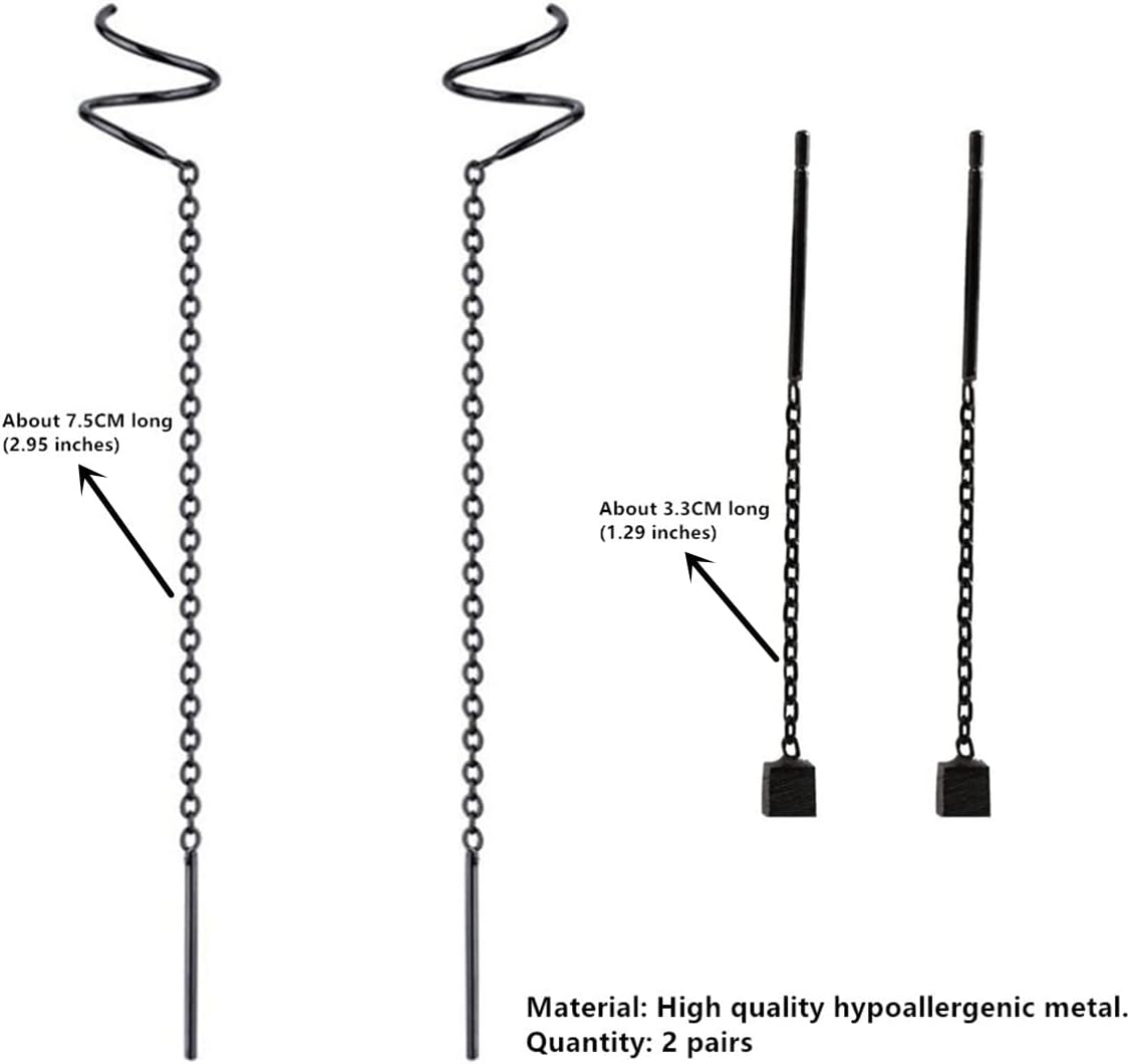 2 Pairs Minimalist Black Tassel Threader Dangle Earrings for Women - Punk Ear Climber Crawler Wrap Long Chain Ear Line Earrings (2 Pairs Black Chain) - Image 2