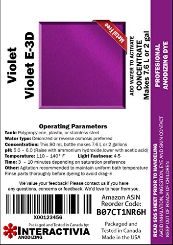 Professional Aluminum Anodizing Pigment Dyes | Violet E-3D | Light To Rich Purple| Powder Concentrate Makes 7.6 Liters Or 2 Gallons #TOP3