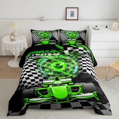 Image of Feelyou Kids Green Racing Car Bedding Set Twin Size, Extreme Sports Comforter Set Boys Girls Karting Road Duvet Insert Teens Bedroom Decor Microfiber Bed Set