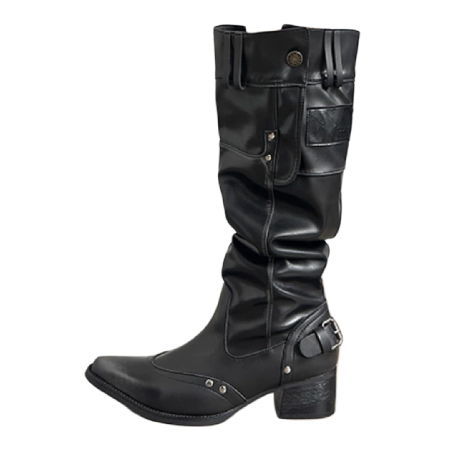 ZQW Chic Knee High Wide Calf Boots for Women Slouchy Cowboy Flat Tall Booties Pointed Toe Chunky Block