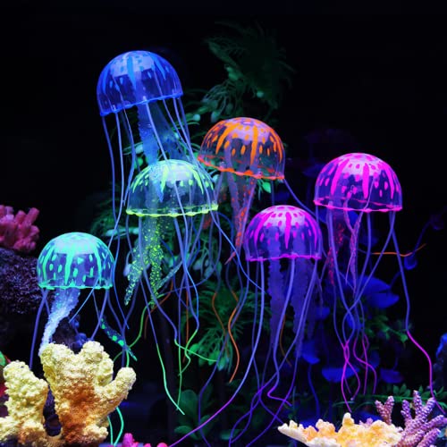 Petalum 6er Pack Jellyfish Dekoration Leuchtente Silikon Quallen mit Saugnapf Aquarium Dekoration Aqua Ornaments für Fisch Tank Cover