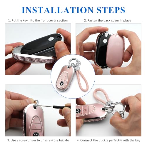 Image of Creativity for Mercedes Benz key cover and keychian (Pink Combination) | TPU key Case with Rhinestones is compatible with 2022-2025 C S EQE EQS 2023-2025 GLC CLE SL 2024-2025 E smart key