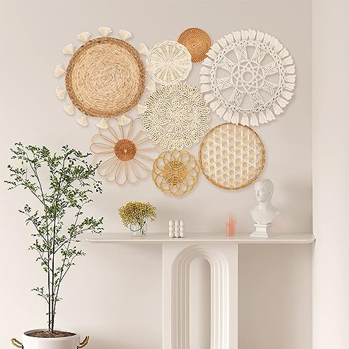 Boho Wall Basket Decor Set of 8 - Flat Woven Basket Wall Hanging Decor,Round Tassels White Macrame Tapestry Wall Decor Art,Handmade Rattan Wicker Seagrass Home Wall Baskets Decor(Boho Classic) - Image 6
