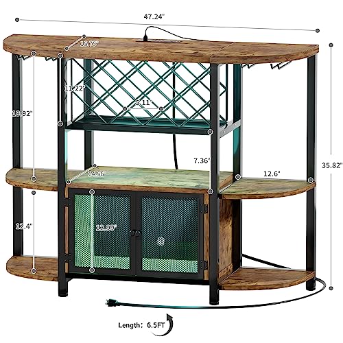Unikito Freestanding Wine Bar Cabinet With Led Lights And Power Outlets, Industrial Coffee Bar Cabinet For Liquor And Glasses, Liquor Bar Cabinet With Mesh Door, Bar Table With Wine Rack, Rustic Brown #TOP2