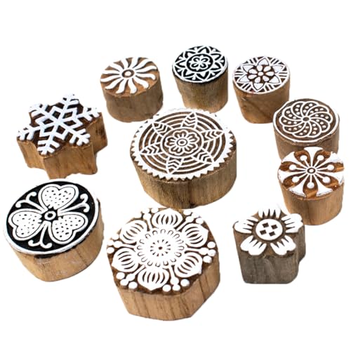 Image of Wooden Stamp Block, Printing Stamp Design Set | Block for Printing Saree Border | Dresses, Craft Card Making, Scrapbook, Clay Pottery | Set of 10
