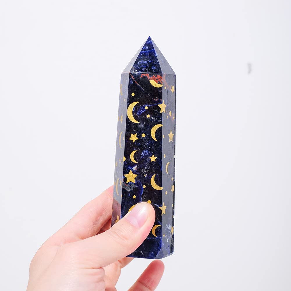 Sodalite pointe de cristal naturel de 10cm avec motif lune étoile dorée pour rituel