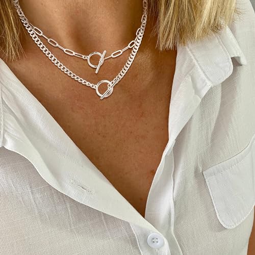 CHESKY Silver Layered Necklaces for Women, 14K Gold/Silver Plated Chain Necklaces for Women Trendy Chunky Paperclip Chain Necklace Dainty Sterling Silver Toggle Necklaces Set Jewelry for Her2