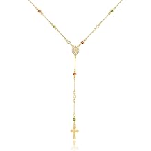 Gold Virgin Mary Necklace for Women - 14K Gold Plated Virgen de Guadalupe Long Necklaces,Multicolor Cubic Zirconia Golden Catholic Rosary Beads Cross Y Necklace,Religious Faith Crucifix Jewelry Gift