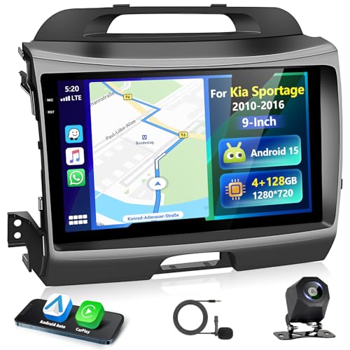 Motorsi 4G+128G Carplay Autoradio per Kia Sportage 2010 2011 2012 2013 2014 2015 2016 con Wireless Android Auto Touchscreen da 9 Pollici GPS Navigation/WiFi/FM/RDS Radio/SWC/Canbus/Bluetooth/EQ+Camera