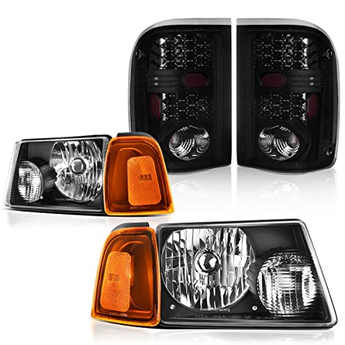 DWVO Headlights Tail Lights Assembly Compatible with 2001 2002 2003 2004 2005 Ford Ranger Black Housing Replacement Headlights + Smoke Lens Taillights Combo