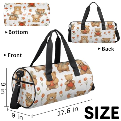 Teddy Bear Round Barrel Sports Fitness Bag, Teddy Bear Heart Travel Luggage Bag, Reusable Handbag, Suitable For Men and Women3