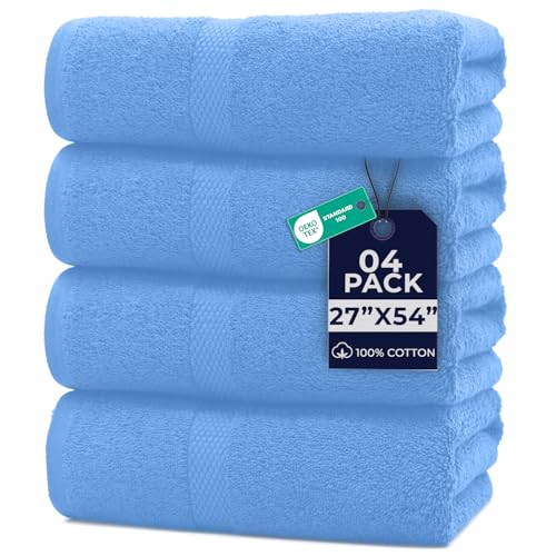 Image of DAN RIVER Bath Towels Set of 4, 27 x 54 Inches, 100% Cotton, Larger & Lighter Weight, Quicker to Dry, Super Soft and Absorbent, Ideal Cotton Towels for Bathroom for Daily Use, Medium Blue