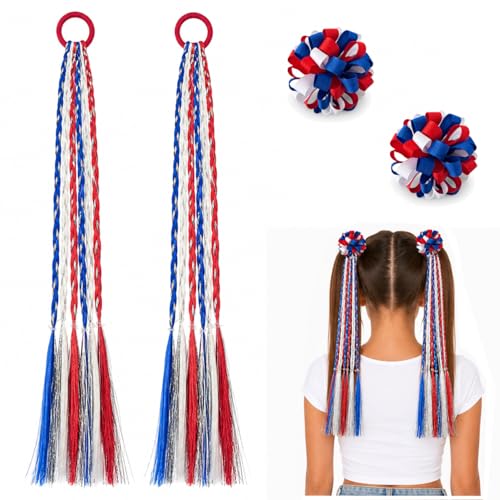 4th of July Ponytail Hair Extension Patriotic Elastic Hair Ties Bands Independence Day Hair Clips Red White and Blue Hair Accessories for Women Girls(Shiny Tinsel)