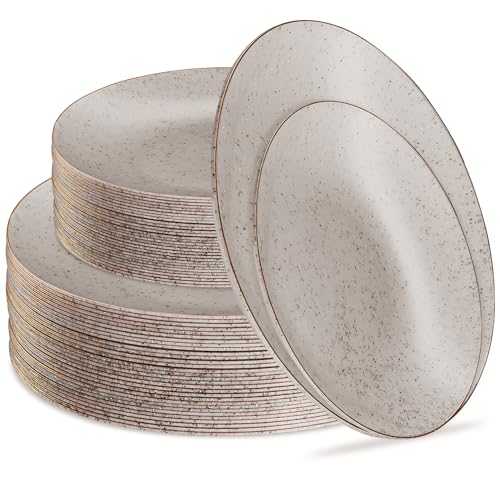 PLASTICPRO 64 Pack Elegant Disposable Plastic Plates Combo Set Includes 32 Dinner Plates and 32 Salad Plates Heavy Duty Fancy Party Plates Grey Granite Plates with Gold rim
