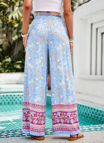 chouyatou Women's Floral Wide Leg Palazzo Pants Boho High Elastic Waisted Beach Flowy Pants with Pockets4