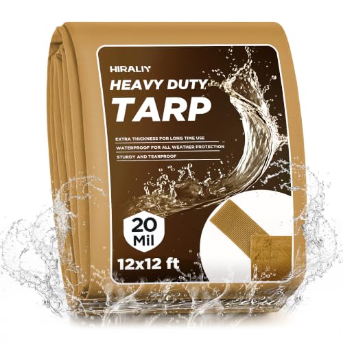 HIRALIY 20 Mil Heavy Duty Waterproof Tarp, 12x12ft Oxford Fabric, Brown