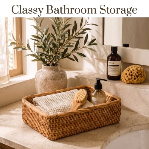 Image of Yangqihome Natural Rattan Storage Baskets, Rectangular Woven Fruit Baskets, Decorative Wicker Basket and Small Baskets for Organizing (Set of 3)