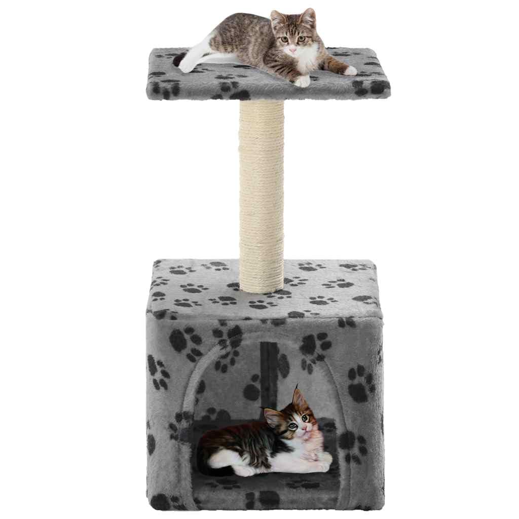 Árbol rascador para gatos de 55 cm de alto con casa y plataforma, tronco rascador para gatitos y gatos pequeños envueltos en sisal, muebles para gatos estables grises con diseño de patas