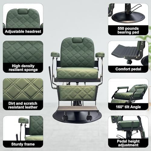 Image of Professional Barber Chair, Heavy Duty 550lbs Salon Chair with Hydraulic Lift & 360 Swivel - Reclining Hair Stylist Chair for Salon, Barbershop (Vintage Green)