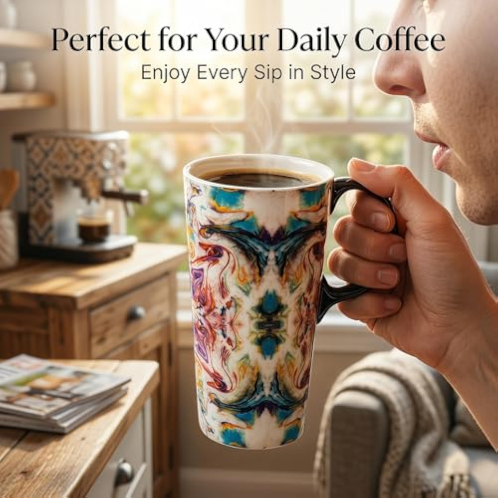 Large Ceramic Coffee Mug with Lid, 17oz