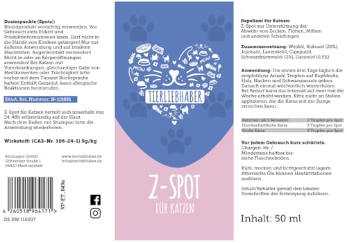 Z-Spot Zeckenschutz Katze pflanzlich – Zeckenmittel Katzen mit ätherischen Ölen – Flohmittel Katzen Zeckenschutz tierärztlich entwickelt als Spot on für Katzen – Anti Zecken Katze Mittel TIERLIEBHABER
