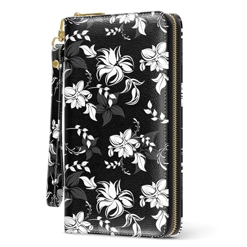 Nipichsha Womens Wallet, RFID Wristlet Wallet for Women, Cute Ladies Purse, Large Credit Card Clutch Wallets, Leather Card Holder Wallets with Zipper & Phone Holder, Black Flower