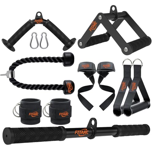 Fitarc Juego de accesorios de máquina de cable para gimnasio en casa, accesorios de empuje de tríceps y mango en D, barra en V, cuerda de tríceps, barra recta, asas de estribo, correa de tobillo y