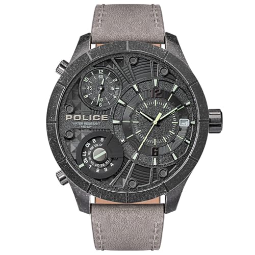 Police Bushmaster Men’s Analogue Watch, Black Dial, Grey Leather Strap