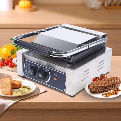 Commercial Electric Griddle, 1800W Panini Press Grill, Electric Stainless Steel Sandwich Maker Smooth Flat Surface Sandwich Toaster, Temperature Control 122°F-572°F for Hamburgers Steaks Bacons