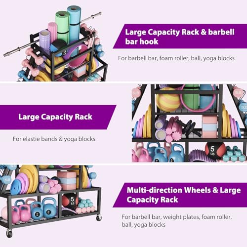Dumbbell Rack, Weight Rack for Dumbbells, Large Rack Home Gym Storage, Multilevel Workout Storage Organizer with Wheels and Barbell Holder, Perfect for Yoga Mat Balls Kettlebells and Fitness Gear,black