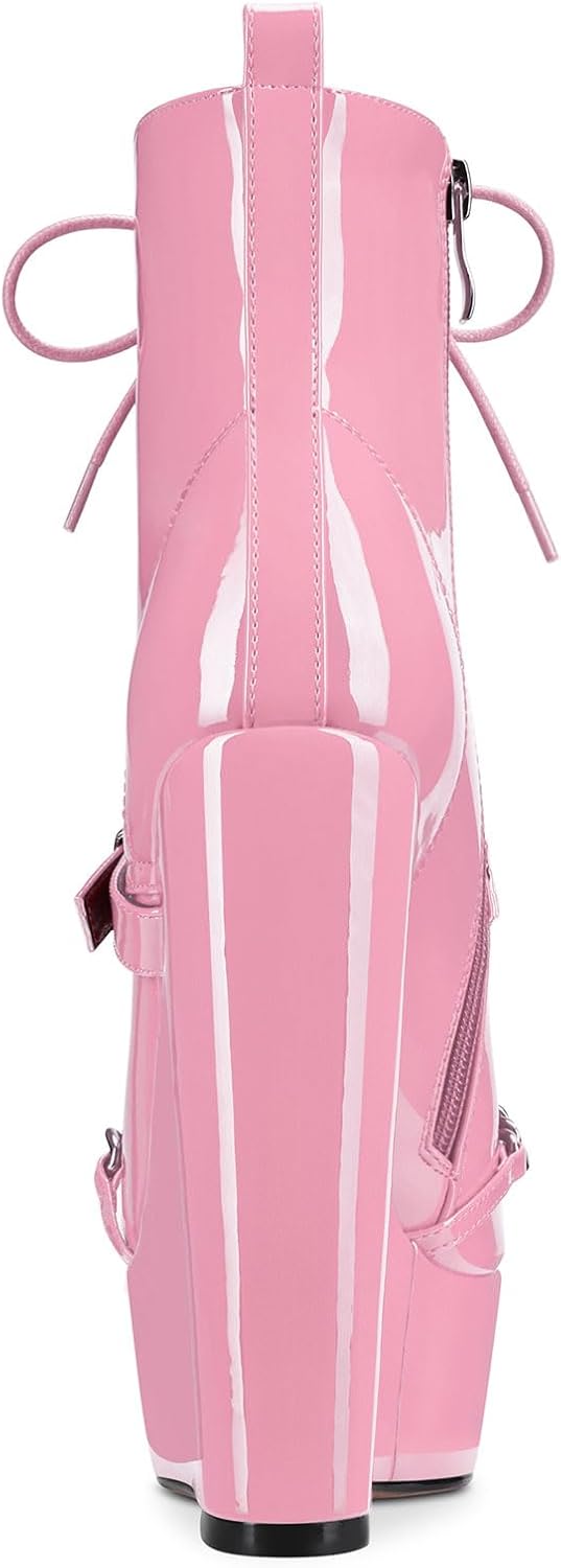 NobleOnly Womens High Heel Platform Wedge Ankle Boots Round-Toe Lace Up Rivet Boot with Zipper 6" Heel Shoes