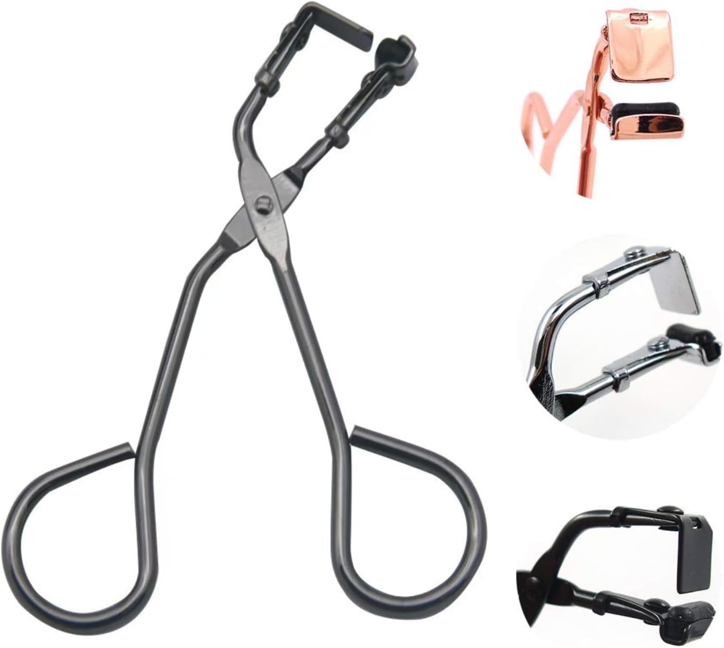Black Eyelash Curler with Refill Pads - Mini Lash Curler for All Eyelash Shapes - Professional Silicone Makeup Tool with Precision Tweezers - 2-in-1 Beauty Kit in Stainless Steel Design