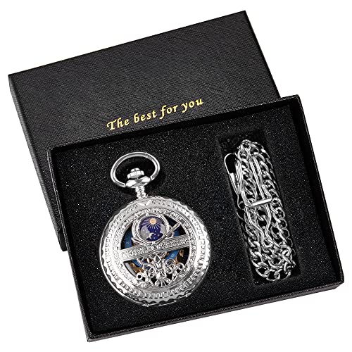 Image of Black and Silver Roman Numeral Dial Mens Mechanical Moon Phase Design, Moon Sun Pattern Skeleton Mechanical Pocket Watches for Men with Case and Chain - Black