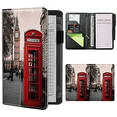 Server Books for Waitress Waiter with Zipper Pocket, Red Telephone Box in London Leather Server Pads Waitstaff Organizer Guest Check Presenters Server Wallet Money Holder Pouch Fit Apron