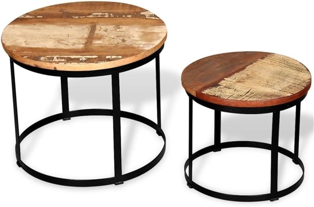 BOWERY HILL Round Coffee Table Set, Solid Reclaimed Wood and Iron, Brown and Black Lacquered Finish, Nesting Tables, Industrial Style Living Room Furniture for Space-Saving Decor