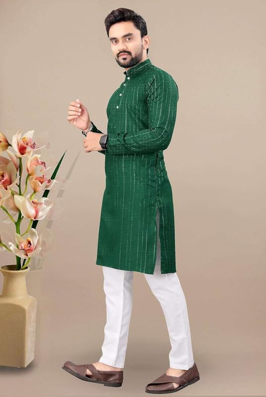 Image of FASHION GALLERY Men's Solid Pattern Polycotton Kurta with Long Sleeve Round Neck Knee Length and Pull On Closure Type|Men Kurta Pajama Set