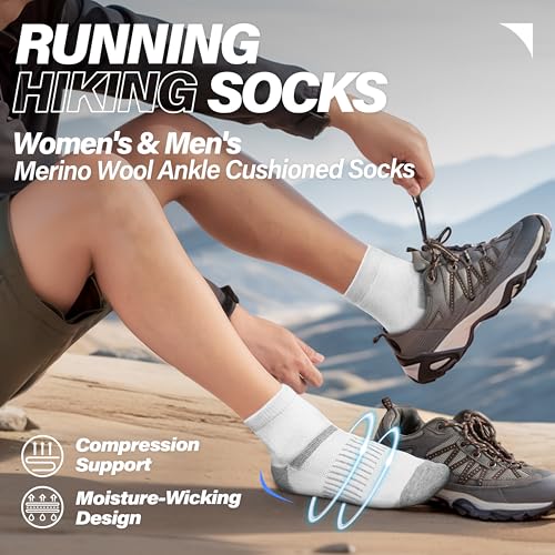 Image of 6 Pairs Merino Wool Ankle Running Hiking Socks Compression Support Breathable Thick Cushion No Show Socks for Women Men