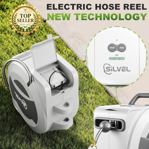 Image of Silvel Automatic Retractable Garden Hose Reel, 1 /2 inch x 110ft Wall Mount, 12V 2.5Ah Battery Powered & Button-type Length Control,Heavy Duty Hose Reel with 10 Pattern Nozzle, Upgraded UV Resistant