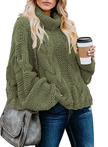 Dokotoo Womens Winter Outifits Fall Trendy Warm Chunky Turtleneck Cowl Neck High Neck Turtleneck Cowl Neck Balloon Long Sleeve Cable Knit Sweaters Pullover Jumpers Clothes Green XX-Large